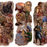 A collage of many middle-eastern fantasy characters, including rogues, djiin, and adventurers.