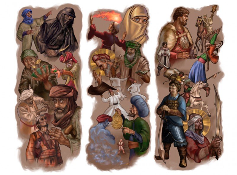 A collage of many middle-eastern fantasy characters, including rogues, djiin, and adventurers.